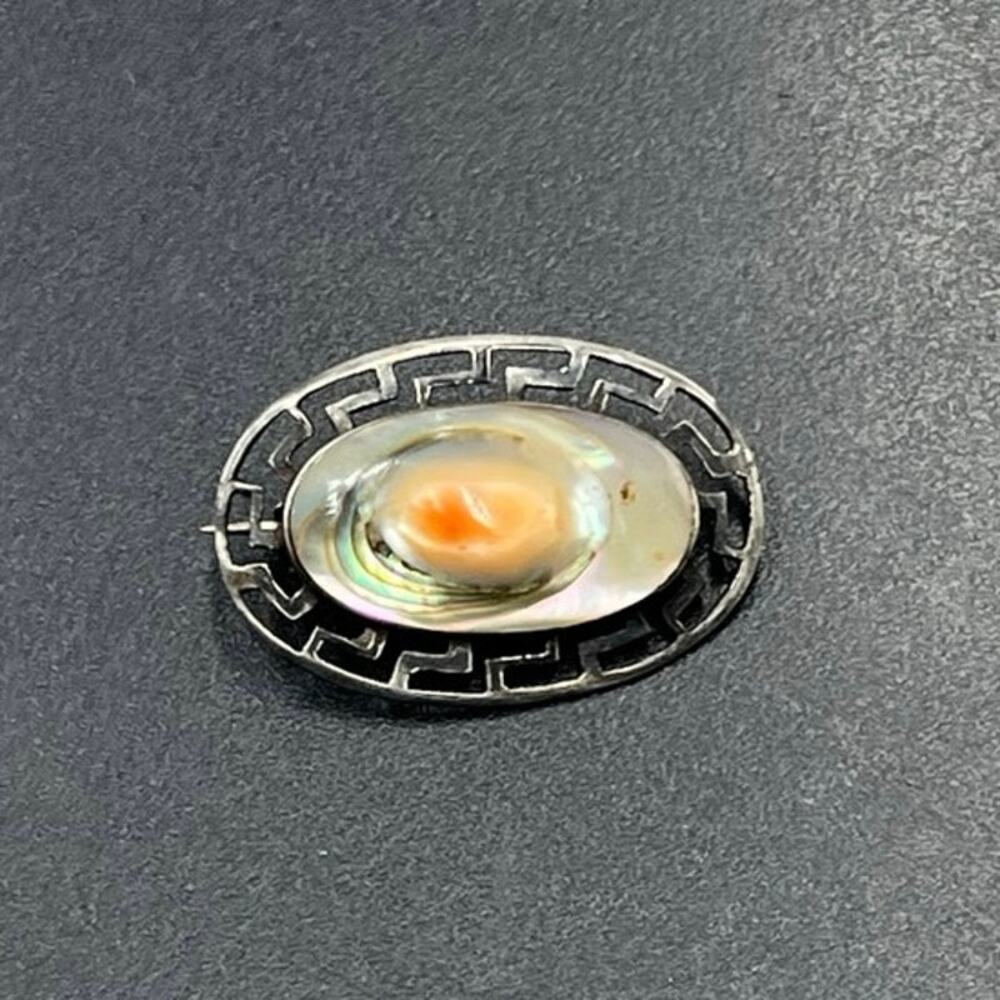 Vintage Sterling Silver Abalone Shell Brooch Pin Antique Greek Key Border